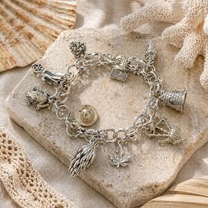 Vtg 925 Sterling Silver Charm Bracelet Frog Cactus Sewing Shell Sombrero Chunky